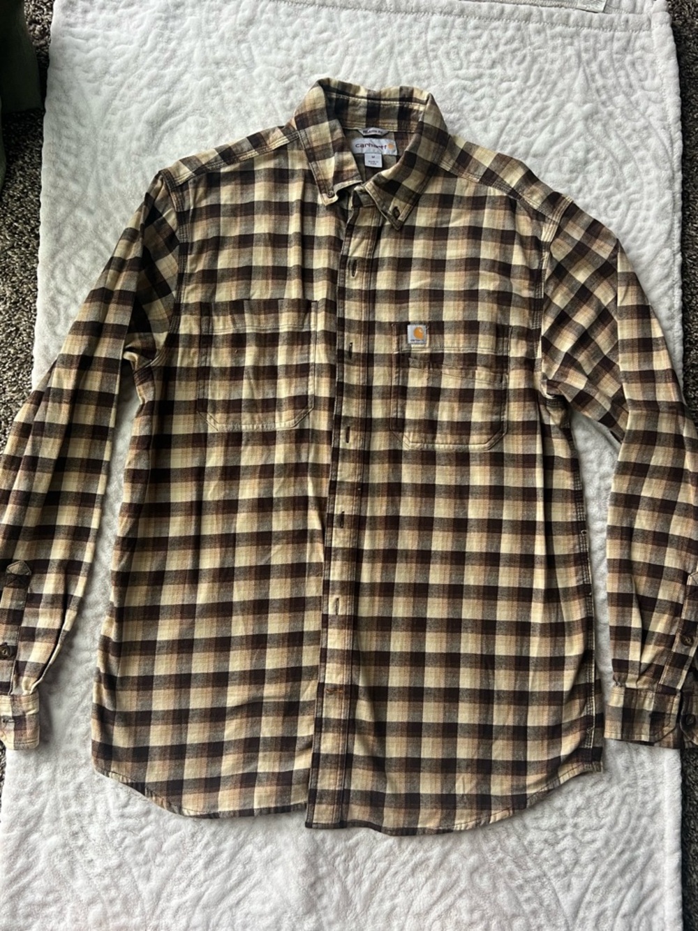 Carhartt Men’s Rugged Flex Relaxed Fit Flannel Button Up Plaid | Brown | Size M - Picture 2 of 14
